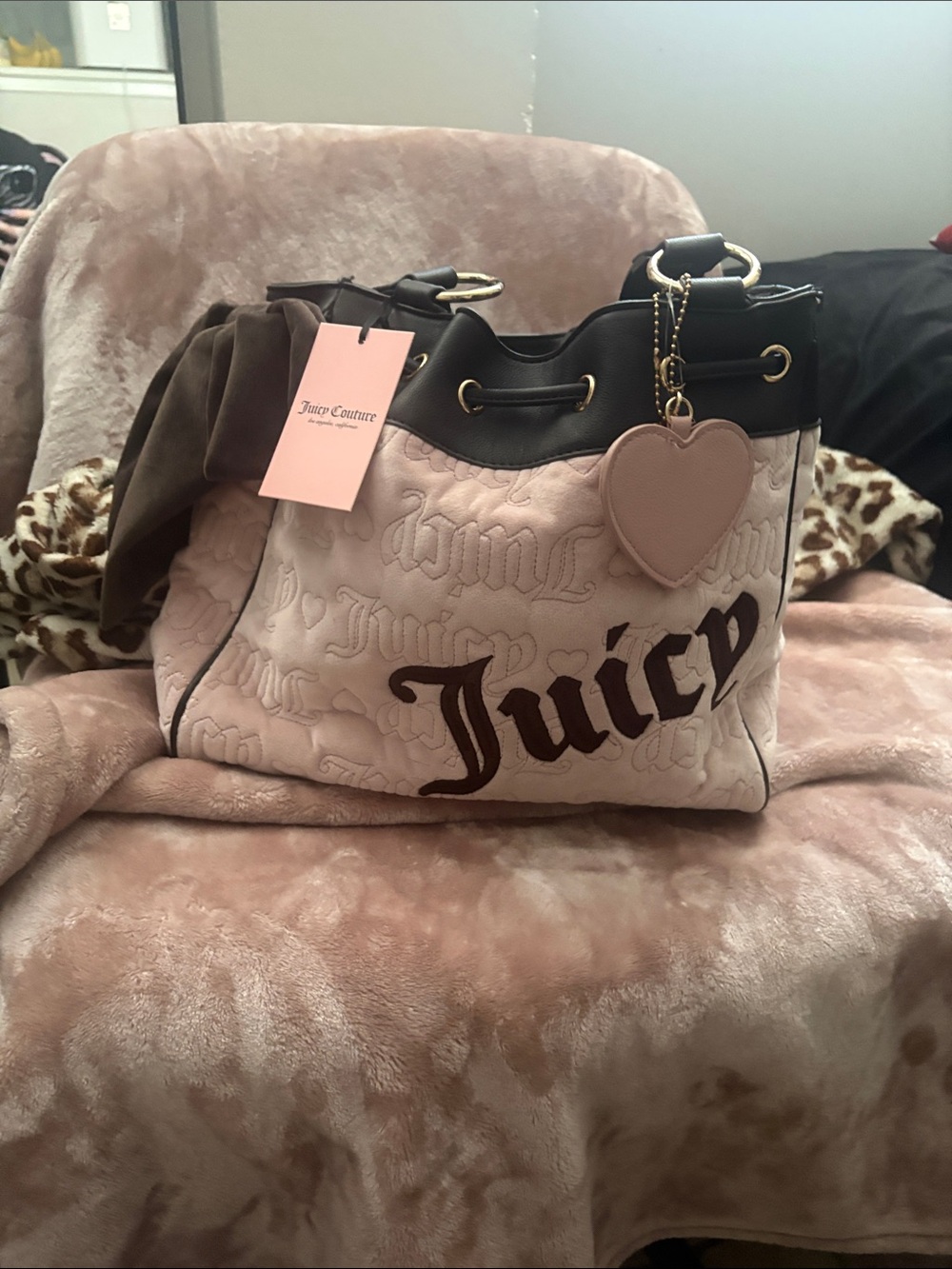Juicy Couture Blush Pink and Black Logo Drawstring Tote